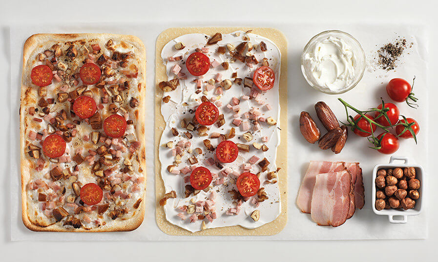 Flammkuchen mit Datteln und Speck